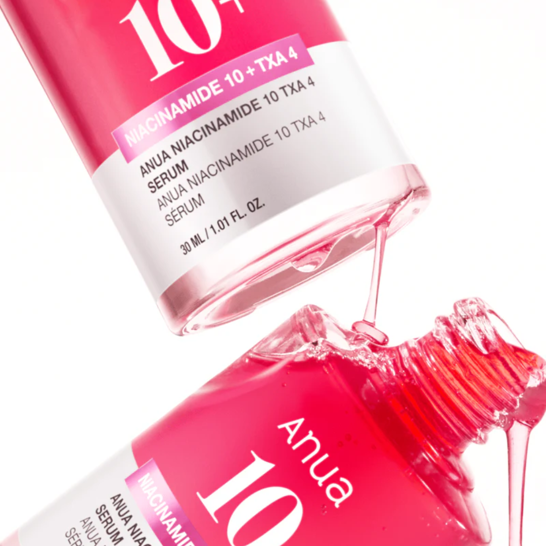 Anua Niacinamide 10% + TXA 4% Serum combining high-concentration niacinamide, tranexamic acid, and arbutin.
