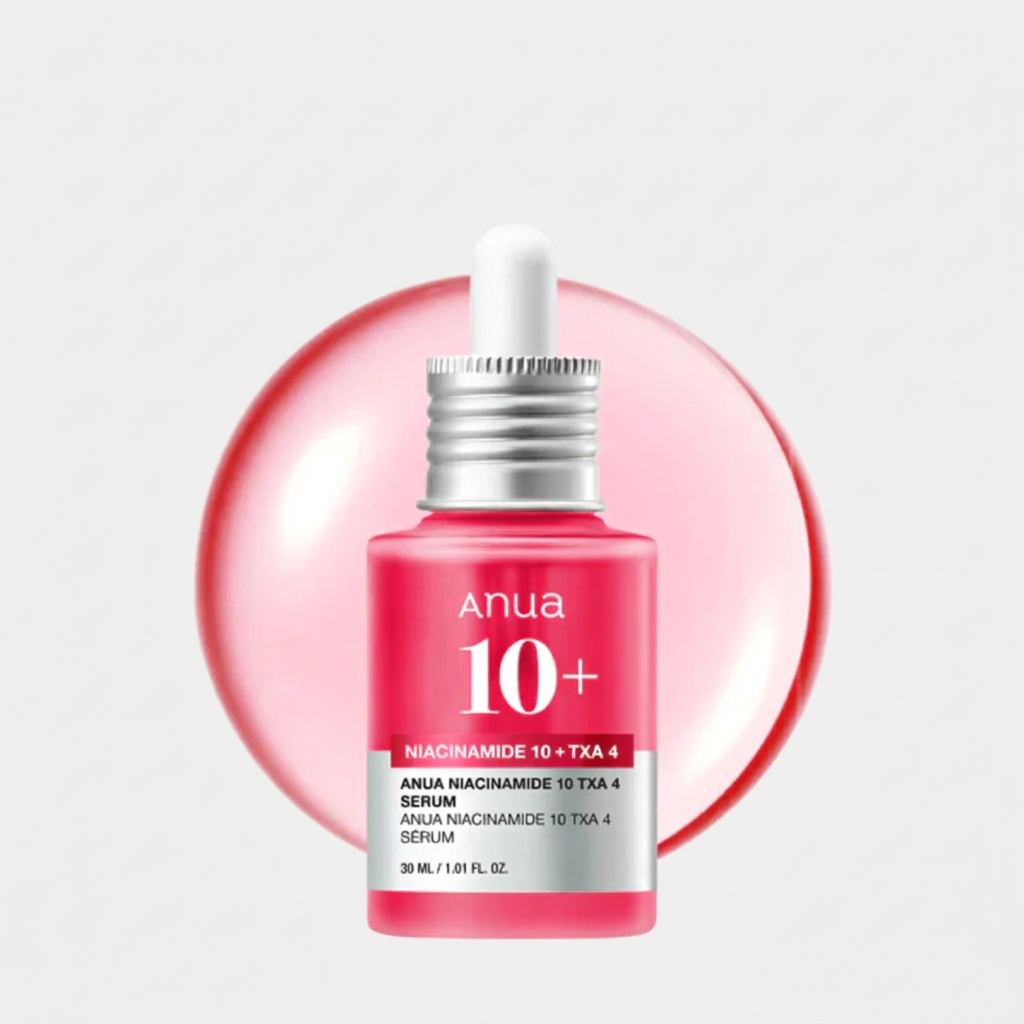 Anua Niacinamide 10% + TXA 4% Serum targeting dark spots, post-acne marks, and enlarged pores.