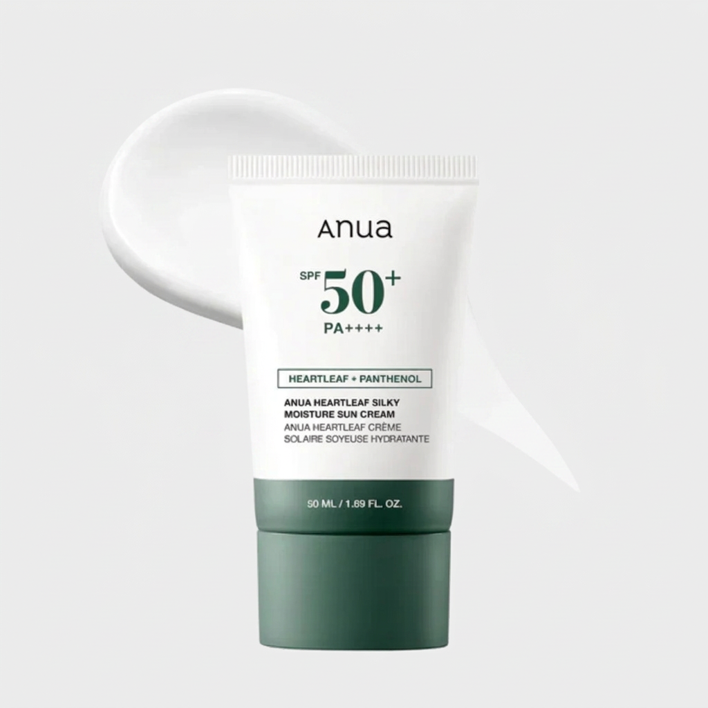 Anua Heartleaf FPS 50+ Sunscreen protecting, hydrating, and calming the skin with a lightweight formula.