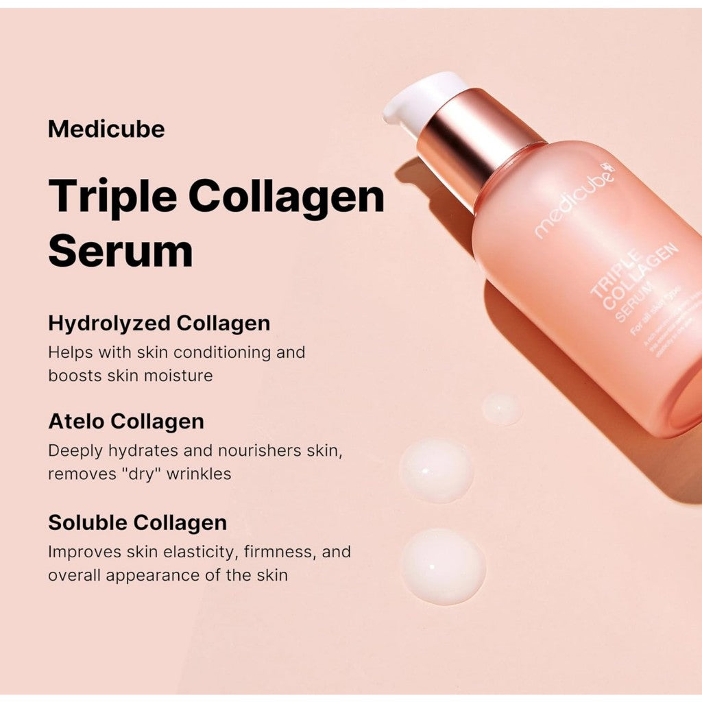 Medicube Collagen Booster Kit combining pore pads, triple collagen serum, and collagen cream for elastic skin.