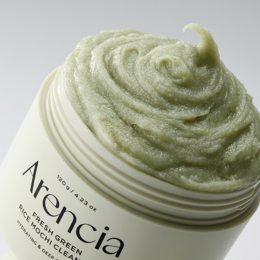 Arencia Fresh Green Rice Mochi Cleanser combining green tea, fermented rice, mung bean, and witch hazel for a gentle cleanse.