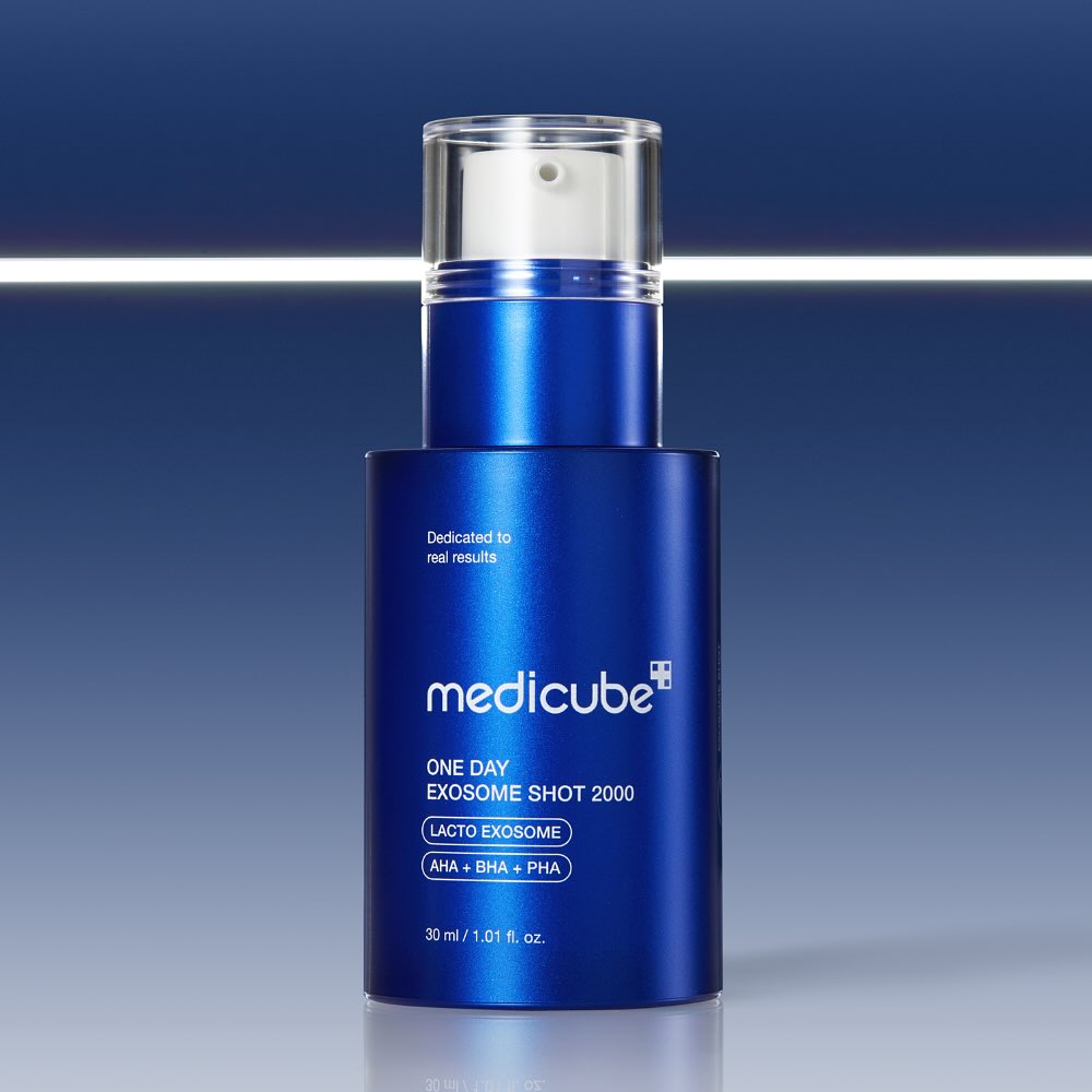 Medicube Exosome Shot 7500 Serum smoothing uneven skin texture and promoting visible renewal.