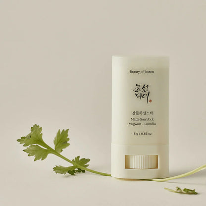 Beauty of Joseon Mugwort & Camellia Matte Sunscreen Stick providing high UV protection with no white cast.