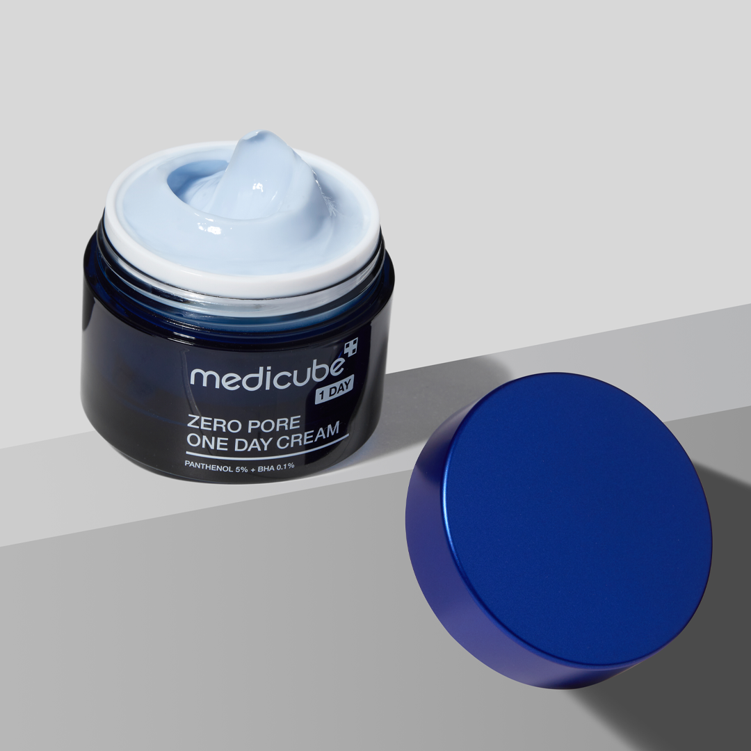Medicube Zero Pore 1-Day Cream combining 5% panthenol, 0.1% BHA, and niacinamide for pore care.