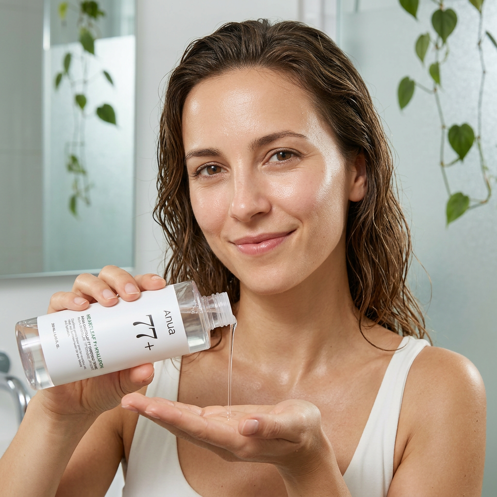 Anua Heartleaf 77% Soothing Toner repairing the natural skin barrier with panthenol and centella asiatica.