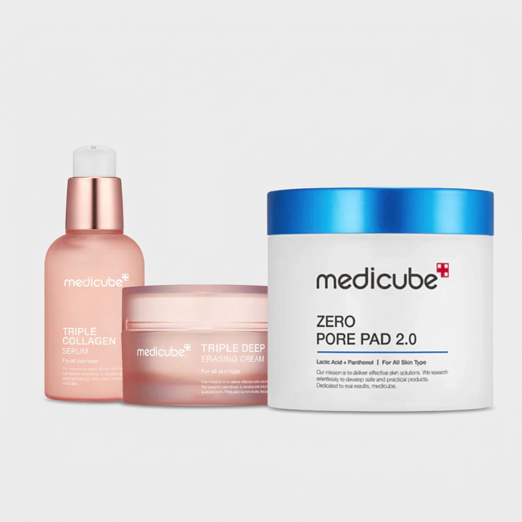 Medicube Collagen Booster Kit improving skin firmness, hydration, and overall texture with a 3-step routine.