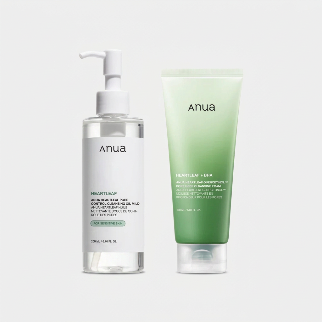 Anua Double Cleansing Duo Set removing makeup, sunscreen, and excess oil with a two-step cleansing routine.