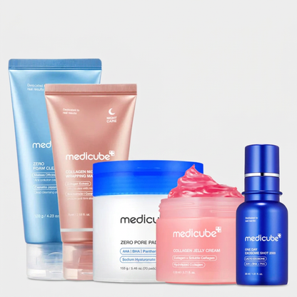 Medicube 7-Day Glass Skin Kit transforming skin texture, firmness, and radiance with a 5-step routine.