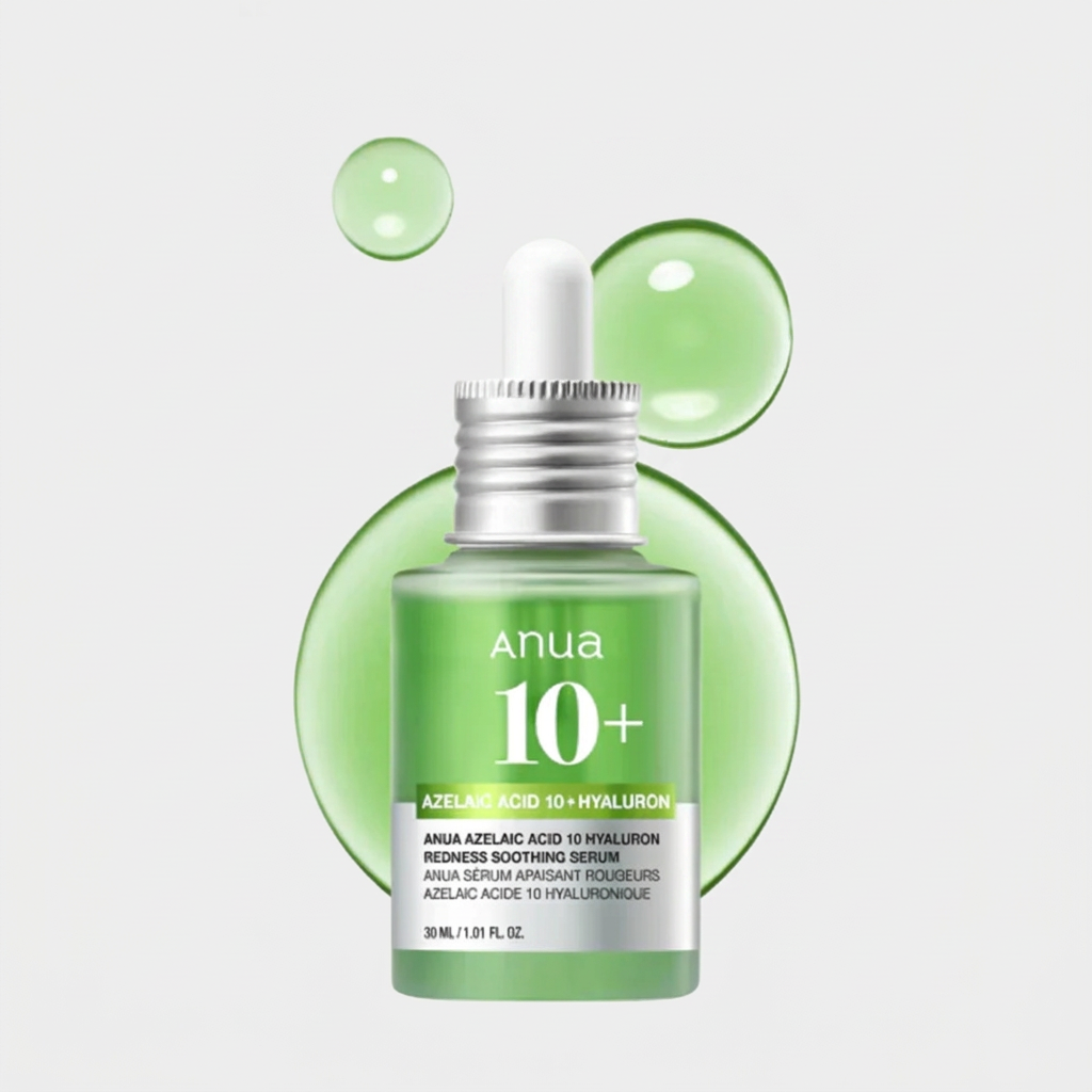 Anua Azelaic Acid 10% + Hyaluron Serum soothing redness, targeting blemishes, and controlling excess oil.