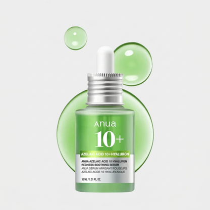Anua Azelaic Acid 10% + Hyaluron Serum soothing redness, targeting blemishes, and controlling excess oil.
