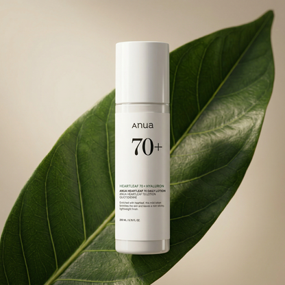 Anua Heartleaf 70 Daily Lotion combining 70% heartleaf extract with hyaluronic acid to calm redness and irritation.