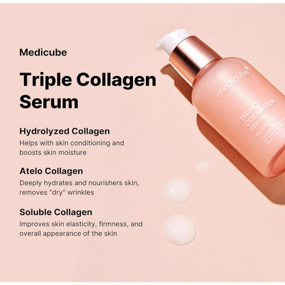 Medicube Collagen Booster Kit combining pore pads, triple collagen serum, and collagen cream for elastic skin.